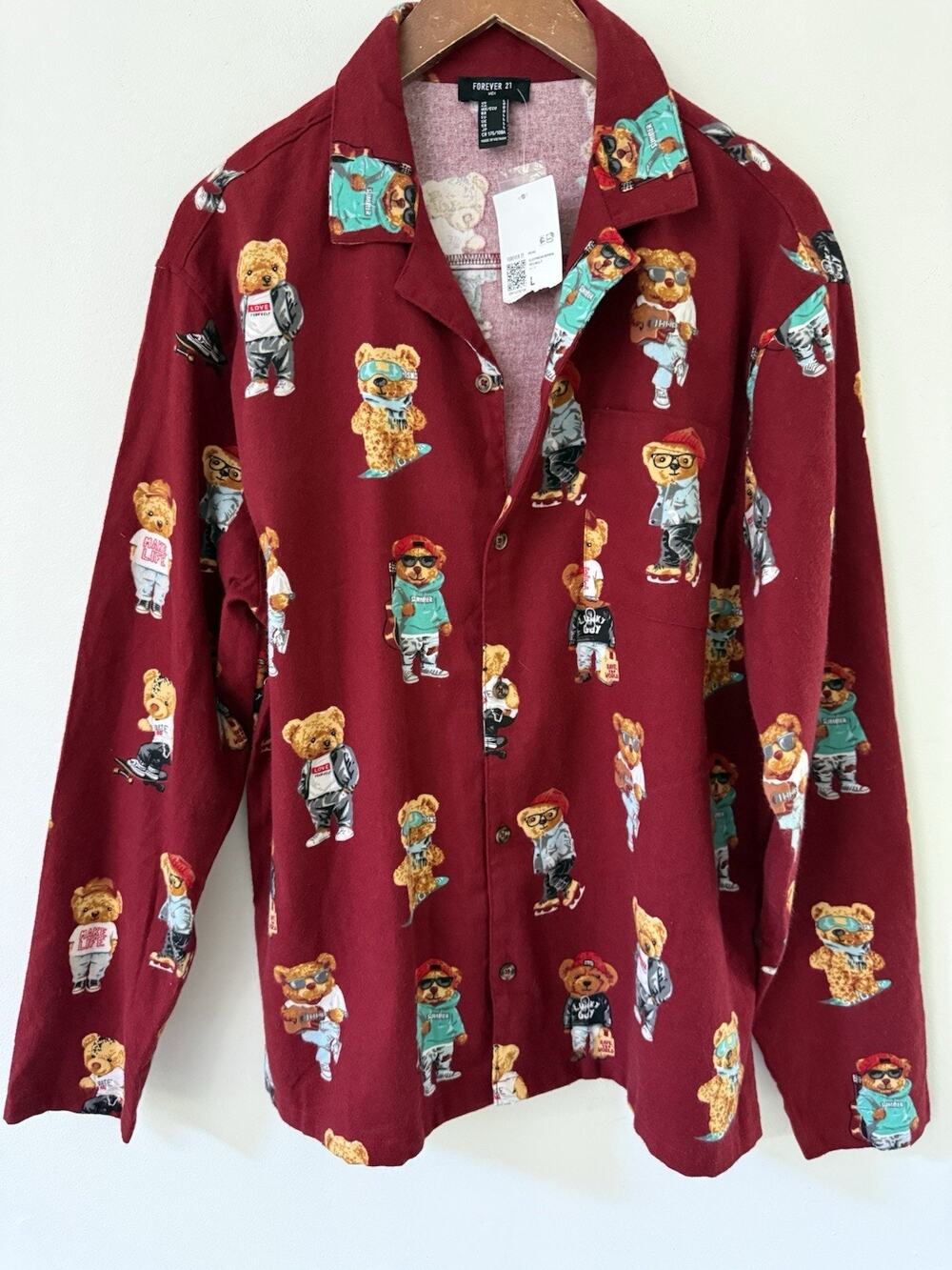 Forever 21 Mens Teddy Bear Print Flannel Lounge Sleep Shirt Pajama Top Large New - Picture 1 of 9
